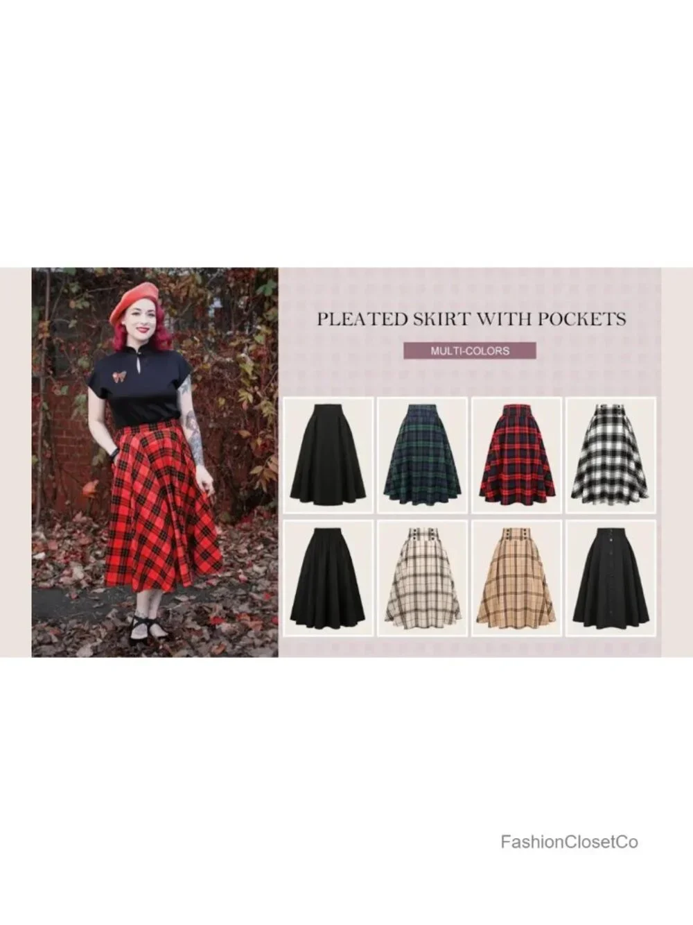 Women's High Waist Plaid A-Line Midi Skirt with Pockets